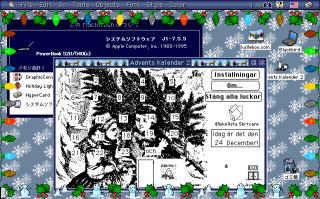 A screenshot of a classic Mac running System 7.5.5 with holiday lights software showing blinking lights around the edges of the screen, a gaudy holiday Kaleidoscope scheme with a sled in the title bars, and the open software is an advent calendar game with art of two girls bringing home a Christmas tree. The opening for the 24th is ajar, revealing a Christmas tree and the text God Jul. All the text is in Swedish.