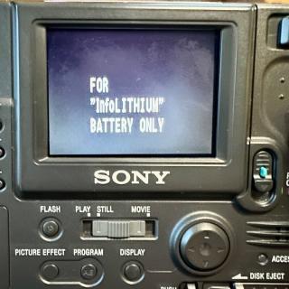 The rear of a Sony Mavica with the display showing FOR InfoLITHIUM BATTERY ONLY