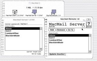 Two windows, MacMail Server and MacMail Remote, each with a list of users, but Remote has actions like Add and Remove.