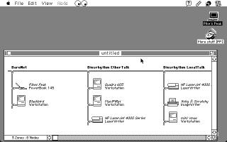 Trawl running on a PowerBook 145B showing multiple AppleTalk zones and devices
