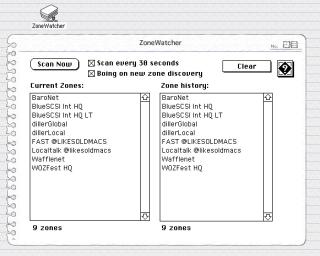 A HyperCard stack called “ZoneWatcher” with two lists of AppleTalk Zones, one current and one containing all known zones even ones that are no longer visible