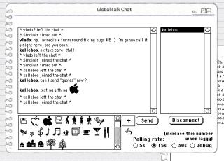 A screenshot of a HyperCard stack with a chat log on the left, a user list on the right, and a list of dingbat characters in a scroll field on the bottom.