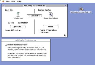 AIRConfig for GlobalTalk 1.0, showing a domain name configuring a Router Config file