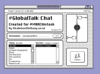 GlobalTalk chat connection screen, with a zone and server list, and a cute Connect icon with two faces connected with AppleTalk wires.
