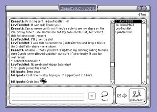 GlobalTalk Chat in use, with a chat listing, online users, text input, and a disconnect button