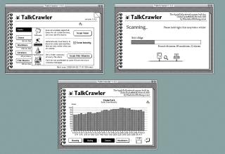 Three TalkCrawler screenshots, showing Tools, Scanning and Daily Scan Results