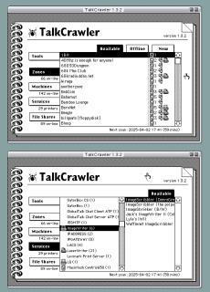 Two TalkCrawler screenshots, showing Available Zones (with icons for # of machines, file share, printer) and Services (with types of services, and currently drilled down to ImageWriter)