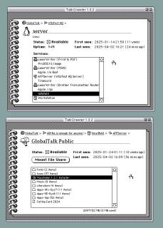 Two screenshots of TalkCrawler, one showing a server with multiple services, and one with the contents of a file share
