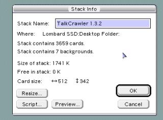 A screenshot of the HyperCard Stack info screen for TalkCrawler, revealingStack contains 3659 cards.Stack contains 7 backgrounds.Size of stack: 1741 K