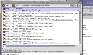 A macos 9 screenshot of CodeWarrior showing the incomprehensible compile errors