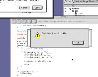 A dialog that says “Could not load URL -998” and the code that defines the error -998 being code that looks for two newlines
