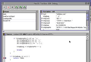 Metrowerks CodeWarror debugger stopped on the return -998 line, showing the httpDataPtr variable containing HTTP 400 Bad Request
