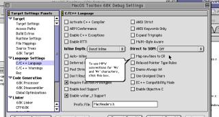 CodeWarrior C language settings dialog with ballon help showing an option to use MPW conventions for \n and \r
