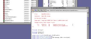 A screenshot of CodeWarrior on MacOS 9, with a checked out code file showing in the Finder with a checked out label, and the change history in a comment in the header of the file