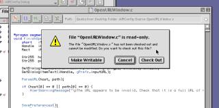 A dialog in CodeWarrior telling you the file is read only and asking if you want to Check it out