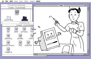 A screenshot of System 7 with a folder Cute Mac Drawings and a bunch of PICT files, and one is open of a nurse scaring a Mac Colour Classic with a needle