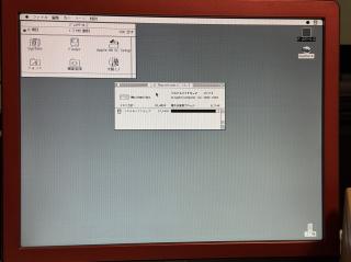 A photo of a computer monitor showing a black and white screen of Macintosh System 6 showing the about this Mac screen. It is noticeably crisp and high resolution.