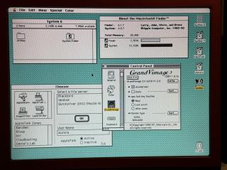 A screenshot of System 6 showing the Chooser listing AppleTalk zones and file servers.