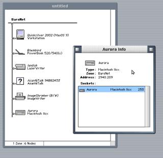 A screenshot of Trawl on MacOS 9 showing the Macintosh IIcx on the AppleTalk network.