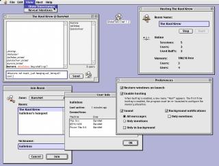 A screenshot of a chat app along with hosting, browsing, user info and Preferences windows. The OS is MacOS 8.