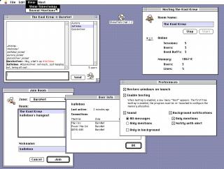 A screenshot of a chat app along with hosting, browsing, user info and Preferences windows. The OS is System 7.1