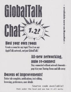 A scan of a flyer for GlobalTalk Chat 1.2 clearly printed on an ImageWriter