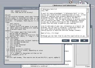 A screenshot of a program called “C Reference Card” full of rudimentary monospaced text