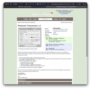 A screenshot of a website showing a MacOS 9 application “PhotoSite TimeSaviour”
