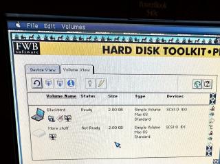 A screenshot of FWB Hard Disk Tool PE with the boot disk Blackbird on ID0 showing Ready and mounted, but the second disk More Stuff on ID1 showing as Not Ready