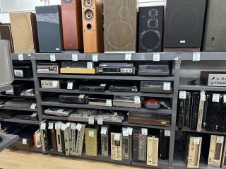 Shelves full of record players