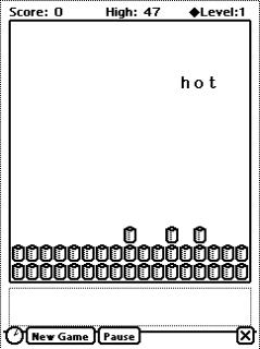 A screenshot of the CalliGrapher game for Newton showing barrels at the bottom of the screen and the word hot falling down from the top of the screen