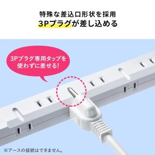 Another advertising image showing a grounded plug and the text 3Pプラグ専用タップを使わずに差せる！There is an asterisk in the corner: アースの接続はできません。