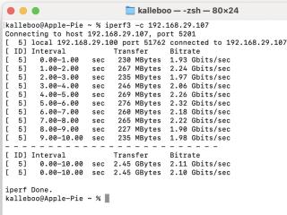 Terminal window with iperf3 result230 MBytes 1.93 Gbits/sec267 MBytes 2.24 Gbits/sec235 MBytes 1.97 Gbits/sec246 MBytes 2.06 Gbits/sec269 MBytes 2.26 Gbits/sec276 MBytes 2.32 Gbits/sec260 MBytes 2.18 Gbits/sec265 MBytes 2.22 Gbits/sec227 MBytes 1.90 Gbits/sec235 MBytes 1.98 Gbits/sec