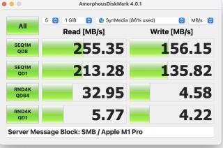 AmorphousDiskMark screenshot255 MB/s sequential read and 156 MB/s sequential write