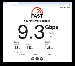 Fast.com speed result: 9.3 Gbps down, 1.5 Gbps up