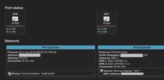 OpenWRT status screen showing IPv4 upstream being a tunnel and IPv6 upstream being a DHCPv6 client