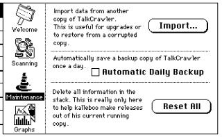 A maintenance tab with Import, daily backup, and Reset buttons