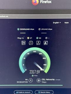 A screenshot of Firefox running speedtest.net with a download speed of 2317 Mbps