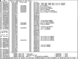 MacsBug Debugger, showing a stack trace going from EventLoop to ActivateWindow ending in FTEDraw and then system code