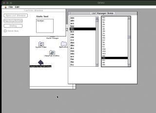 A screenshot of System 7 running in QEMU showing the list Manager demo