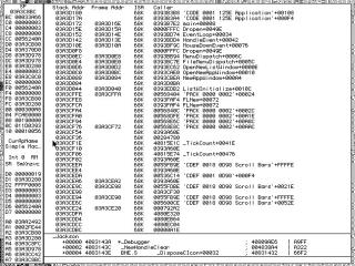 MacsBug trace, after ListWInitialize it goes into some PACK, and then CDEF Scroll Bars