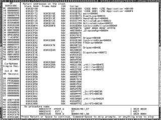 MacsBug screen. After FTEDraw it goes I to Dropen, Dispatcher, rHilite, InitFS