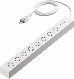 A white power strip with 8 US-style two-bar outlets, but instead of two parallel bars, each outlet has four bars in a square, letting you plug in a plug either horizontally or vertically