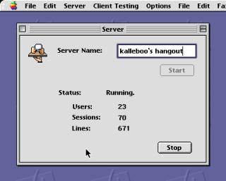 A screenshot of MacOS 9.2 showing a status window ServerServer Name:kalleboo's hangoutStartStatus:Running.Users:23Sessions:70Lines:671Stop