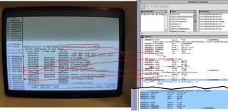 A photo of a black and white classic Mac screen with a Macsbug error dump. To the right is a CodeWarrior symbolics window showing C code interleaved with the assembly it generates. There are a bunch of red squiggly lines drawn between the registers in Macsbug and the variables in the C code