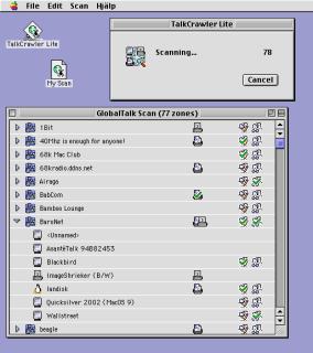 A MacOS 9 screenshot, showing:- App icons - diamond share with a planet and a little spider- Scanning window : An icon shows a magnifying glass over a planet of old Apple hardware icons- Scan results window - a list of GlobalTalk zones, with the BaroNet zone expanded. In the columns are printers and file shares, some with green checks on them.