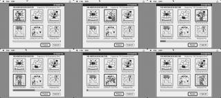Screenshots of a 9 inch black and white Mac running Norton Disk Doctor 2.0, with the 6 stages of scanning with the doctor himself in various poses looking through portions of the disk
