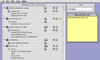 A screenshot showing a list of AppleTalk devices and zones. A find window is filtering on Brother printers and there is a yellow note pad window open