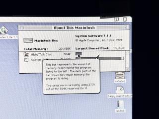 System 7 about this Macintosh screenThis bar represents the amount of memory reserved for the program listed to the left. The dark part of the bar shows how much memory the program is using.This program is currently using 377Kout of the 384K reserved for it.