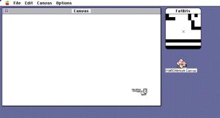 A screenshot of Macintosh System 7 showing a window called “Canvas” that is mostly black except for a doodle of a Mac in the corner with the text “kalleboo wuz here”. There is a second window called FatBits with big chunky pixels in it.
